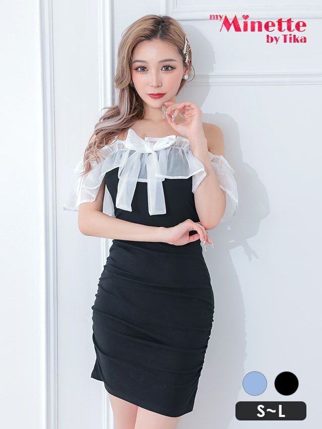 キャバドレス 安い 激安 ミニ丈 キャバクラ クラブ ラウンジ 肩出し 二の腕カバー胸元フリルシフォンギャザータイトミニドレス プチプラドレス