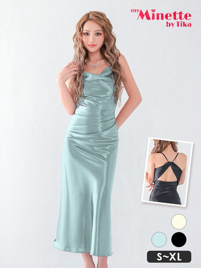 キャバドレス 安い 激安 ミニ丈 キャバクラ クラブ ラウンジ クロスオープンバック サテン カウルネック プチプラ ロングドレス プチプラドレス