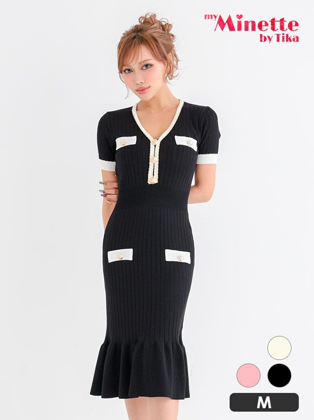 バイカラーリブニット パールボタンアクセント 半袖 Vネック マーメイド 膝丈 ドレス