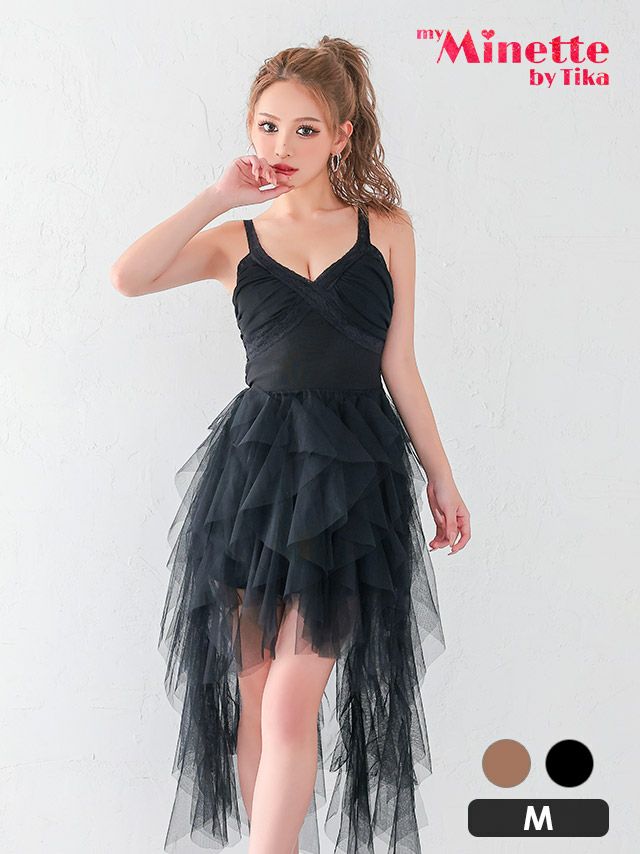 クロスVネック キャミソール チュール フリル ボリューム ロングテールドレス