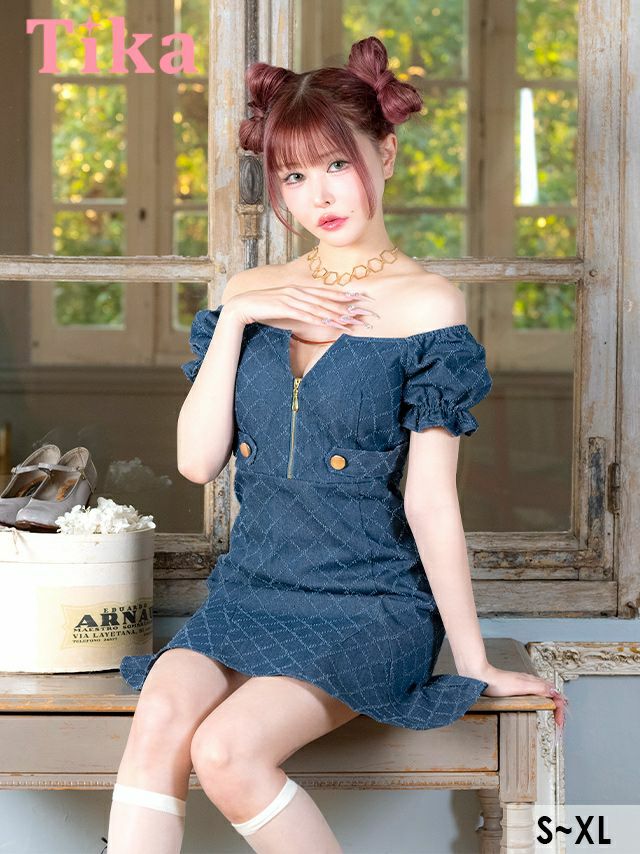 キャバドレス ミニ丈 キャバクラ クラブ ラウンジ ワンピース Aライン ミニドレス 谷間 オフショルダー ジップ チェック柄 デニム パフスリーブ サイドベルト バストカット 同伴 キャバドレス