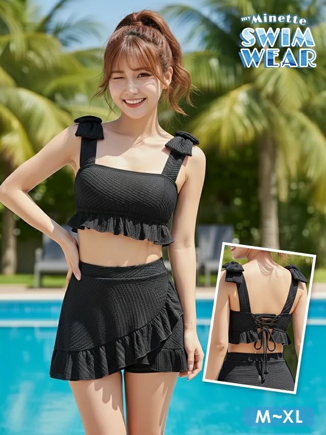 水着 韓国風 ショルダーリボン ビスチェ ハイウエスト フリル フレアスカート タンキニ 体型カバー