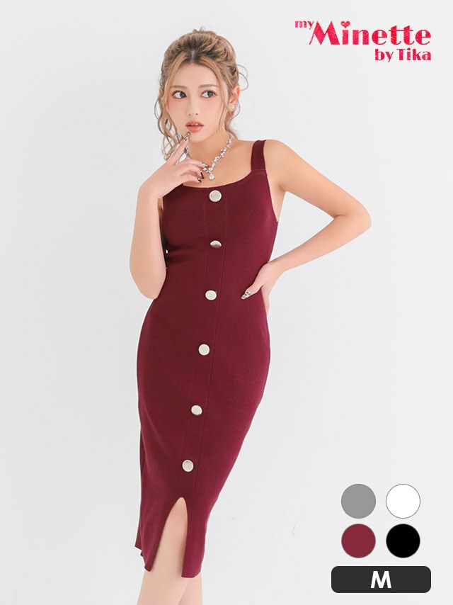 キャミソール タイト フロントボタン スリット リブニット 膝丈 ドレス