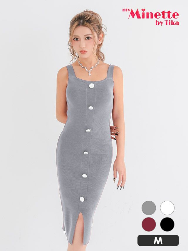 フロントボタン キャミソール スリット リブニット セクシー 膝丈 ドレス