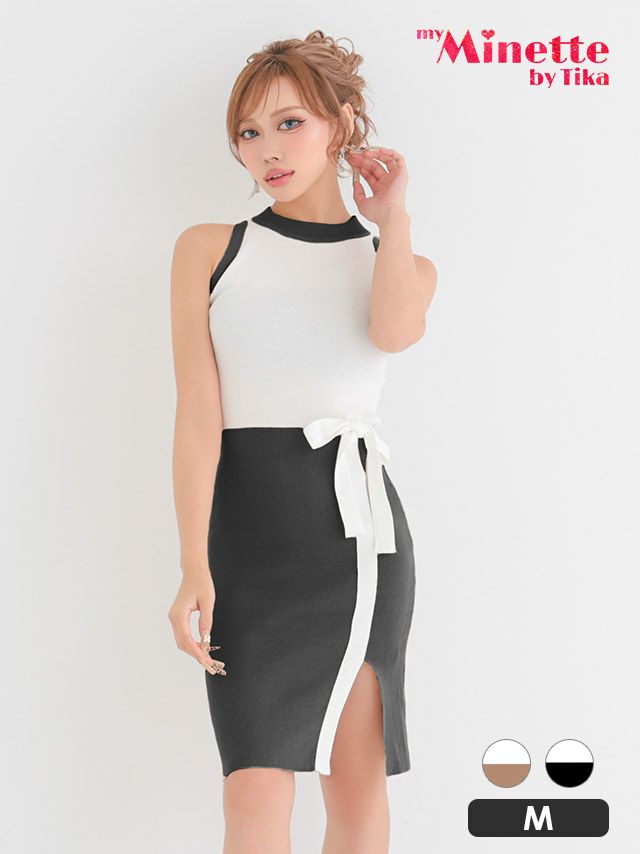 リボン リブニット バイカラー ノースリーブ リボン タイト 膝丈 ドレス