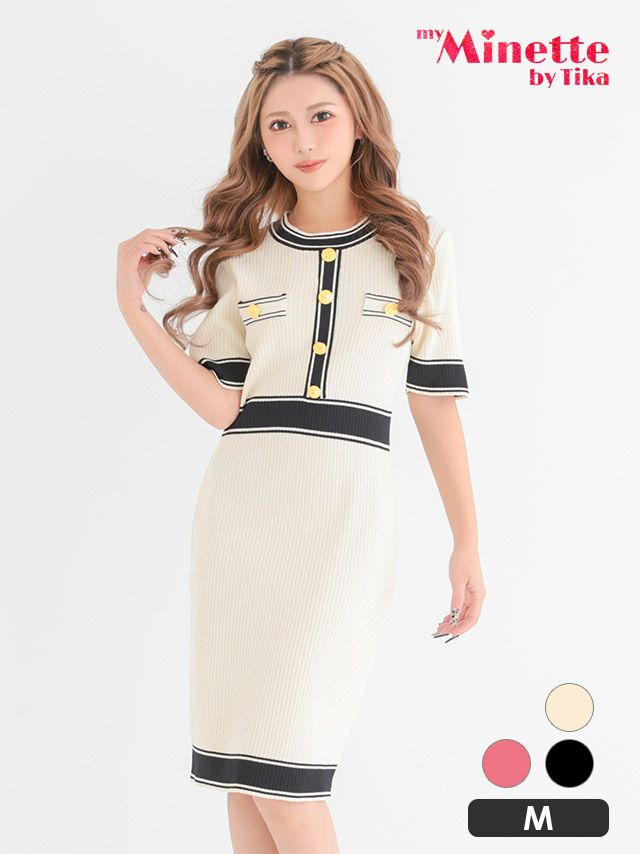 リブニット 半袖 フロントボタン ラウンドネック タイト 膝丈 ドレス