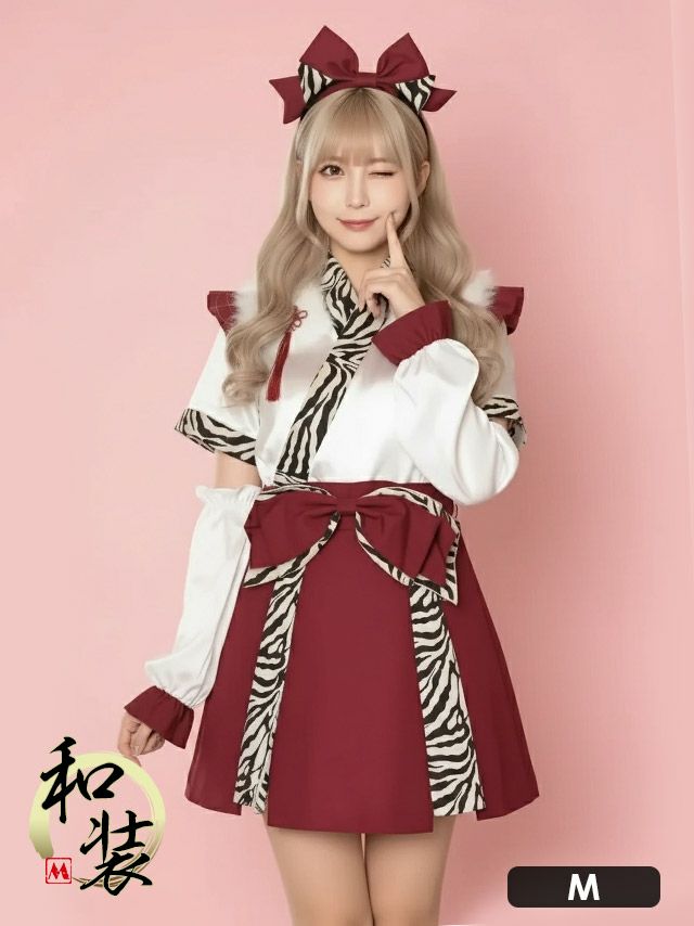 巫女 コスプレ 鬼 節分 お化けの日 タッセル付き フレアスカート 体型カバー ガーリー リボン フリル 3点セット