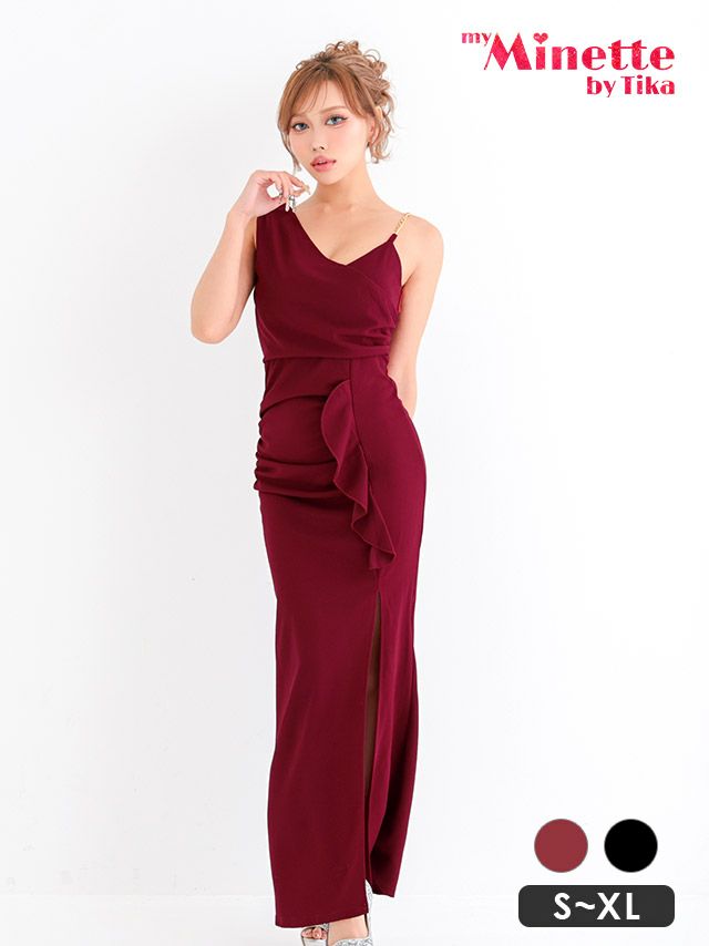 ロングドレス プチプラ　ギャル タイト セクシー ラウンジ 谷間 シンプル ワインレッド キャバドレス 